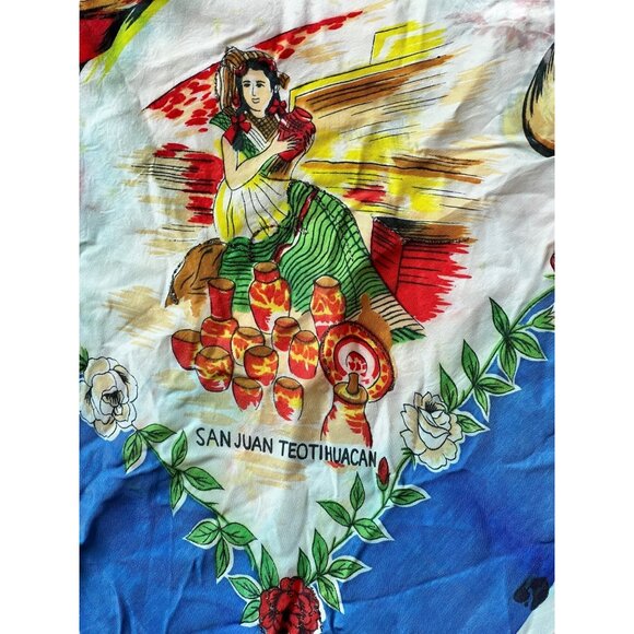 Mexico Souvenir Vintage Scarf Folk Art Illustrations Floral Details - Picture 3 of 10